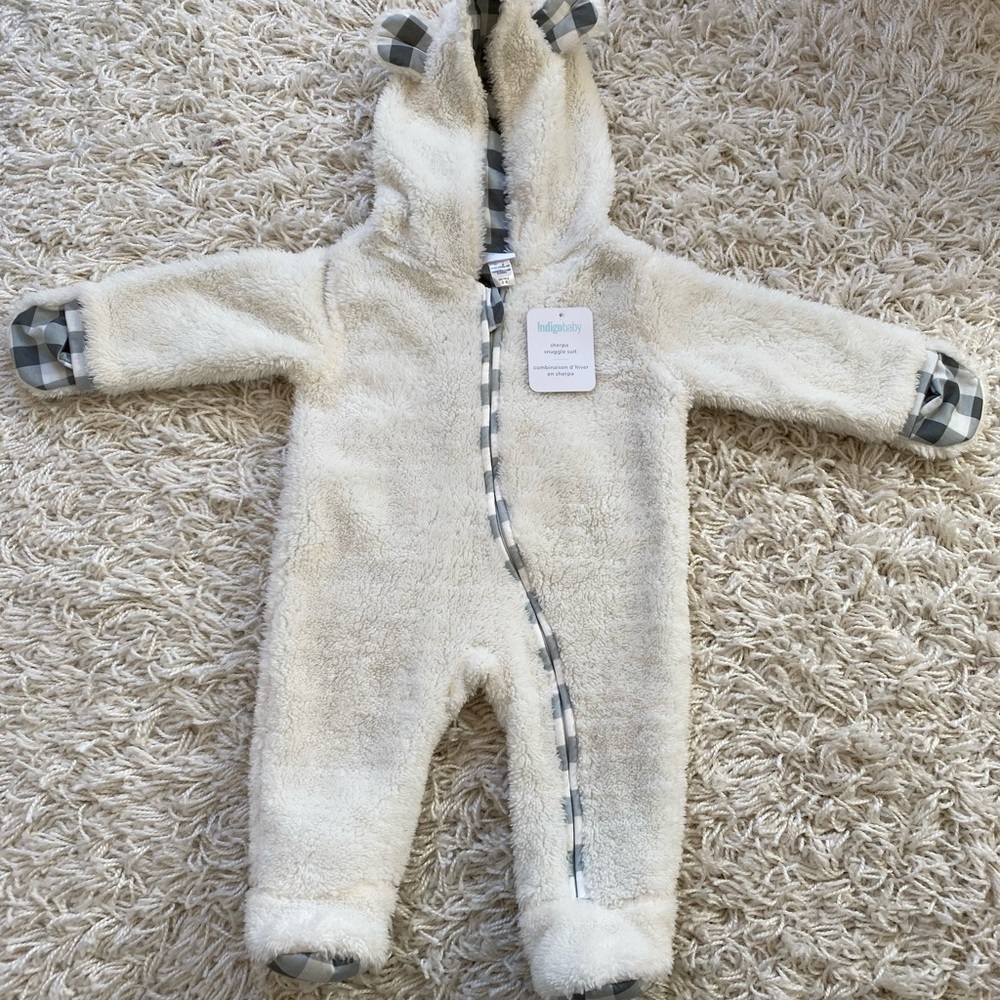 Indigo sherpa baby overall w/ attached mittens